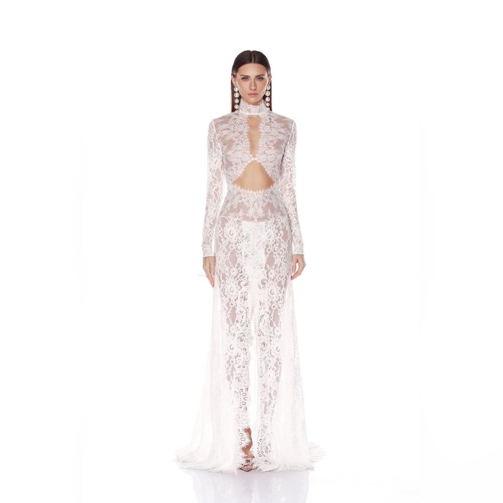 NEW BRONX AND BANCO Eleanor Long Sleeve High Slit White Lace Wedding Gown - Picture 4 of 16